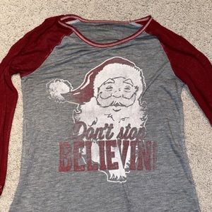 Santa, don’t stop believin’ baseball tee.